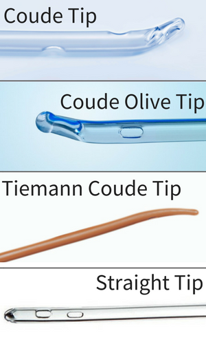 What are the different types of urinary catheter tips? Coude, Olive, Tiemann, Straight Catheters