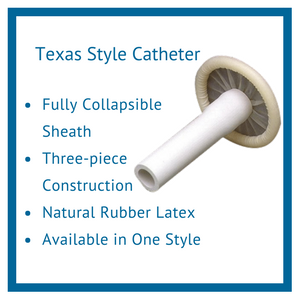 Texas Style Condom Catheters Feature: fully collapsible latex sheath, three-piece construction, natural rubber latex, condom sheath, catheter insert, white silicone tubing